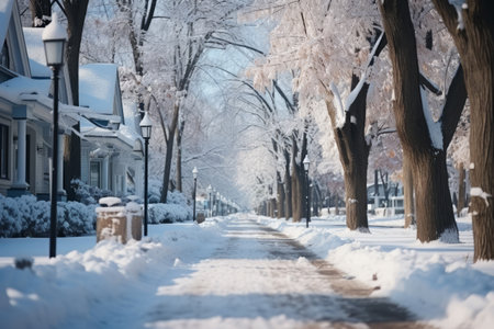Winter landscape on the street with houses and roads covered with a lot of snow. Cold snowy weather. Generative AI illustrationの素材
