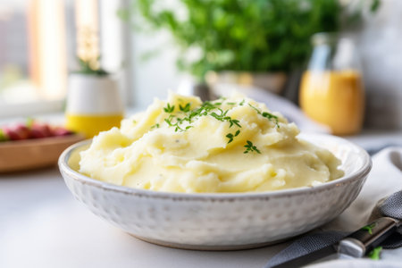 Creamy mashed potatoes in white bowl in white kitchen. Healthy food. Generative AI illustrationの素材
