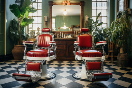 Barbershop with vintage barber chairs and classic decor. Stylish hairdressing salon interior. Generative AI illustrationの素材