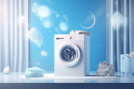 Modern washing machine in laundry room with clothes. Generative AI illustrationの素材