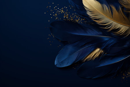 Luxurious dark blue feather with gold splatter glistering dust on dark blue background. Generative AI illustrationの素材