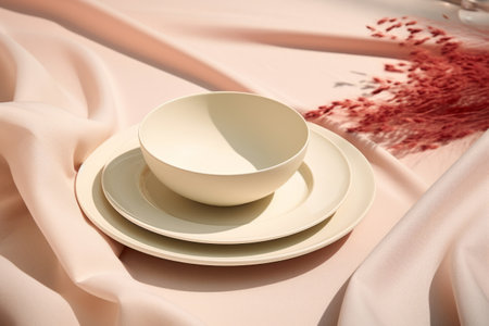 Modern minimal table place setting neutral color. Dishes and utensils for serving and eating meals. Generative AI illustrationの素材