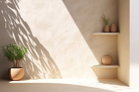Minimalist interior design with shadows and sunlight. Composition of plants in stylish pot in white living room. Generative AI illustrationの素材