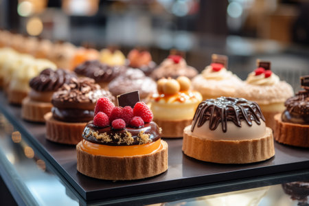 Small cakes on display at the patisserie counter. Pastry shop glass display with cakes. Generative AI illustrationの素材