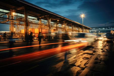 Long exposure of a bustling customs area. Motion speed light. Generative AI illustrationの素材