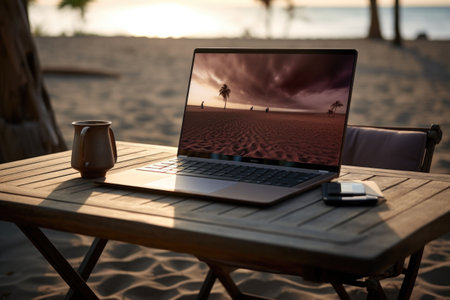 Open laptop on wooden table. Work space outdoors with view on the ocean. Office on the beach. Generative AI illustrationの素材