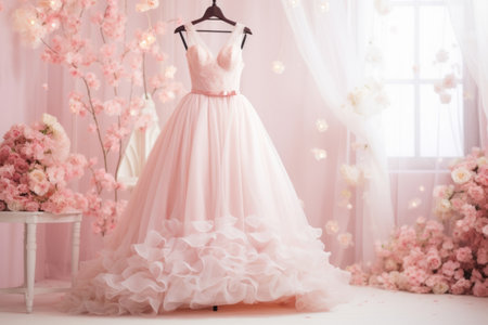 Wedding dress store decorated with flowers. Elegant pink wedding dress on a hanger in the room. Generative AI illustrationの素材