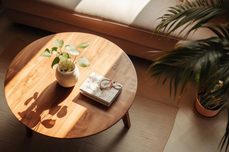 A coffee table in a living room, view from above. Generative AI illustrationの素材