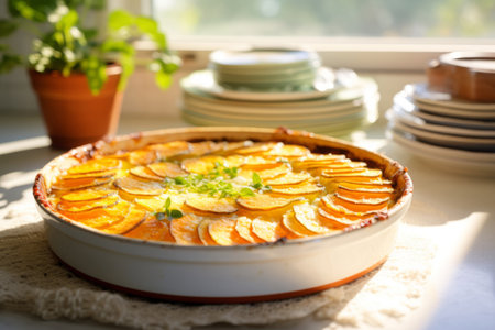 Homemade creamy scalloped potatoes baked in a baking dish with butter and cream. Generative AI illustrationの素材