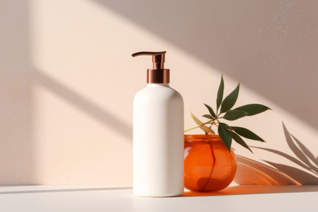 Cosmetic dispenser bottle mockup with orange elements. Generative AI illustrationの素材