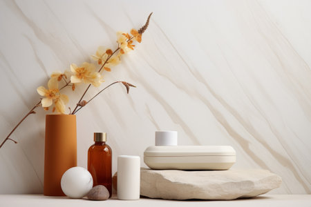 Products for hair and skin care in white and amber colors. Minimalist nature compositions. Generative AI illustrationの素材