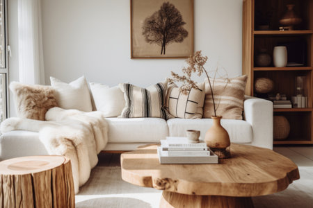 Living room in a scandinavian style with neutral decor, minimalist interior style. Generative AI illustrationの素材
