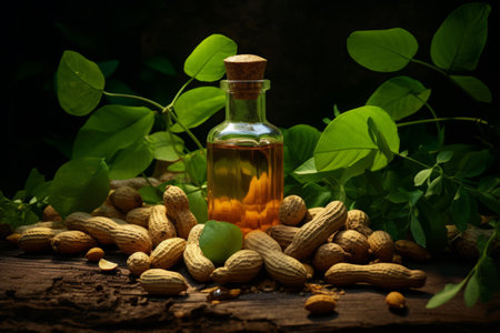 Natural peanut oil in a glass jar with verdant leaves and peanuts on wooden table. Generative AI illustrationの素材