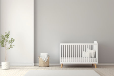 Minimalist interior of cozy nursery room with a white crib. Generative AI illustrationの素材