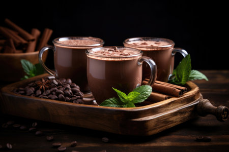 Cups of hot cocoa on a wooden tray. Organic healthy chocolate drink prepared from cocoa beans. Generative AI illustrationの素材