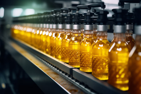 Production line fills glass bottles with vibrant yellow beverages. Conveyor belt. Generative AI illustrationの素材