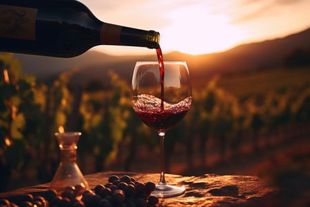 Pouring red wine into glass on vineyard background at sunset. Generative AI illustrationの素材