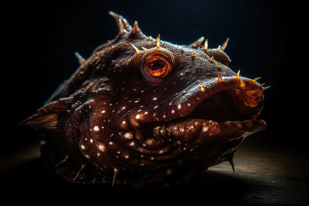 Deep-water fish at the bottom of the ocean. A scary fish with big teeth. Underwater world. Generative AI illustrationの素材