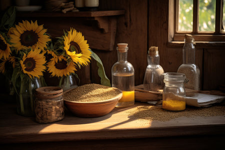 Essentials kitchen utensils, sunflower oil and a rustic wooden table. Generative AI illustrationの素材