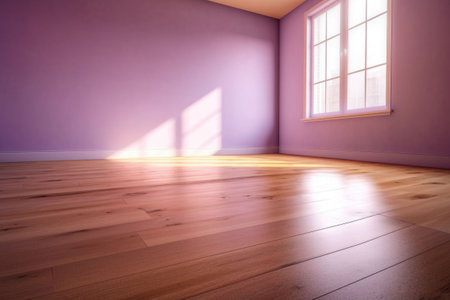 Living room with sunlight shine through a sliding door, wooden floor, violet wall. Generative AI illustrationの素材