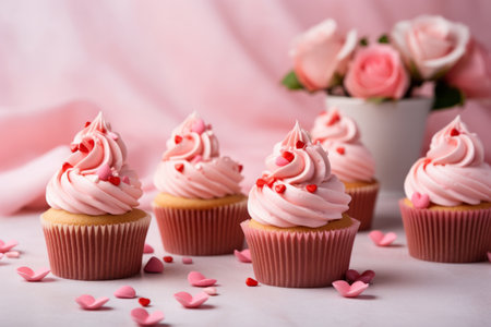 Cupcakes with decorations, with cream cheese and frosting for Valentine's day. Generative AI illustrationの素材