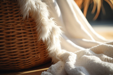Corner of white blanket hanging from a wicker basket. Generative AI illustrationの素材