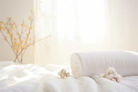 Bed with crumpled bed sheet, a blanket and pillows after waking up in the morning. Generative AI illustrationの素材