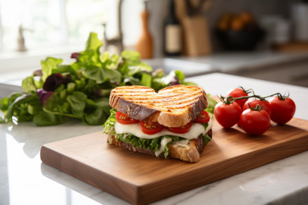 Heart shaped grilled sandwich in a kitchen with white marble countertops. Generative AI illustrationの素材