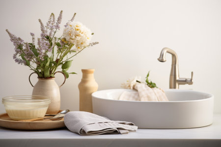 Sink near window in modern kitchen. Set of clean dishes near kitchen sink on counter. Generative AI illustrationの素材