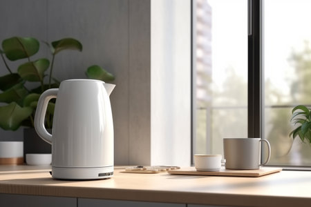 Empty airy kitchen interior and modern electric kettle. Generative AI illustrationの素材