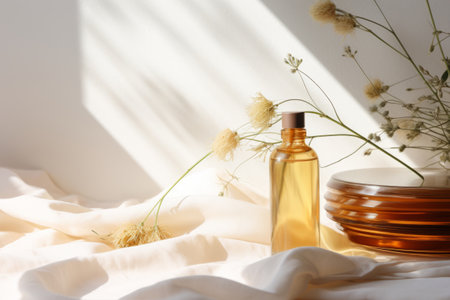Products for hair and skin care in white and amber colors. Minimalist nature compositions. Generative AI illustrationの素材