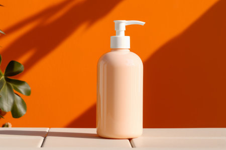 Cosmetic dispenser bottle mockup with orange elements. Generative AI illustrationの素材
