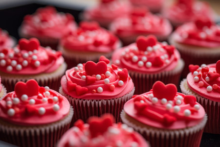 Cupcakes with decorations, with cream cheese and frosting for Valentine's day. Generative AI illustrationの素材