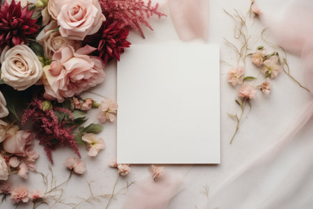 Mock up of white wedding invitation with dusty pink accents and floral elements. Generative AI illustrationの素材