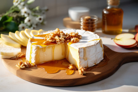 Brie cheese with honey garnished with nuts and apples. Generative AI illustrationの素材