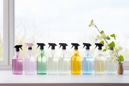 Assorted bottles of different cleaning products in soft pastel colors. Generative AI illustrationの素材