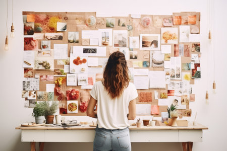 Back view of woman creating vision boards with goals and aspirations. Generative AI illustrationの素材