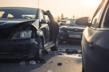 A car accident involving multiple vehicles causing damage. Damaged automobiles after collision. Generative AI illustrationの素材