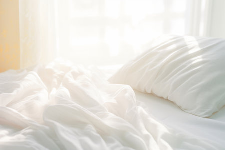 Bed with crumpled bed sheet, a blanket and pillows after waking up in the morning. Generative AI illustrationの素材