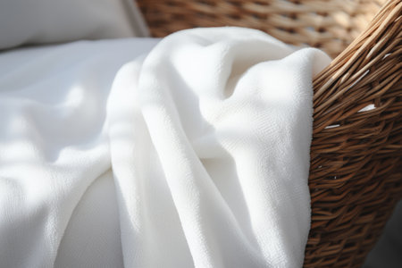 Corner of white blanket hanging from a wicker basket. Generative AI illustrationの素材