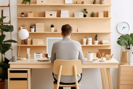 Back view of man working in a home office. Freelancer working from home. Generative AI illustrationの素材