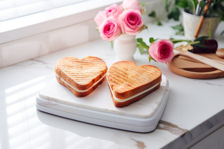Heart shaped grilled sandwich in a kitchen with white marble countertops. Generative AI illustrationの素材