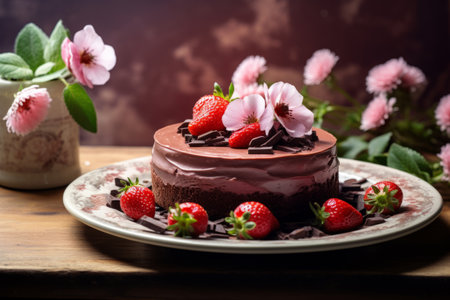 Delicious chocolate cake with fresh strawberry and flower decor. Generative AI illustrationの素材