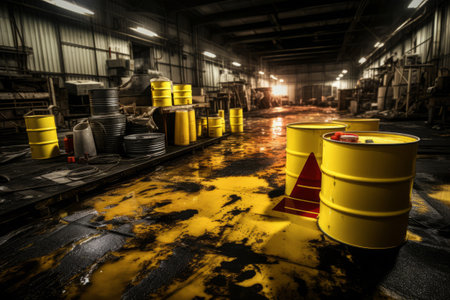 Toxic chemical spill in a factory. Chemicals leak on the floor and damage the environment. Generative AI illustrationの素材