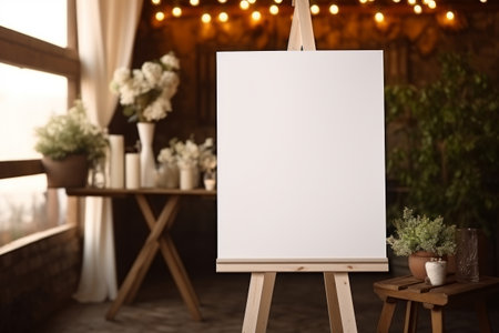 Wooden blank white easel mockup. Board for wedding inscription. Generative AI illustrationの素材
