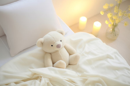 Bed with crumpled bed sheet, a blanket and pillows after waking up in the morning. Generative AI illustrationの素材