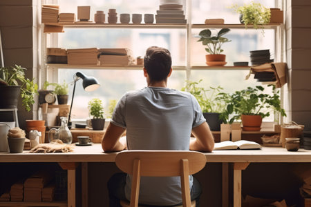 Back view of man working in a home office. Freelancer working from home. Generative AI illustrationの素材