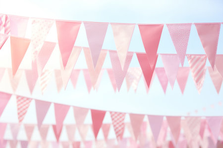 Triangular pink bunting flags. Festive decor. Generative AI illustrationの素材
