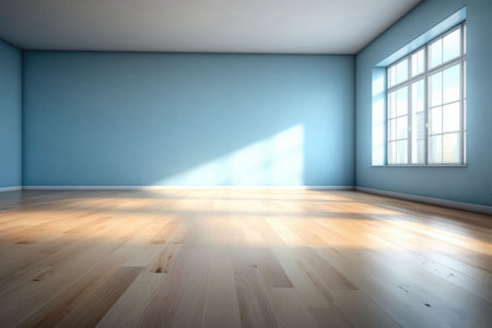Living room with sunlight shine through a sliding door, wooden floor, blue wall. Generative AI illustrationの素材