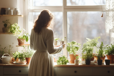 Back view of woman setting up a herb garden. Home gardening on kitchen. Home planting and food growing. Generative AI illustrationの素材
